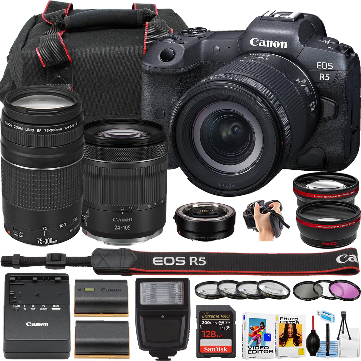 Canon EOS R5 Camera for Professional Photography + 75-300mm Lens Kit + Storage Case